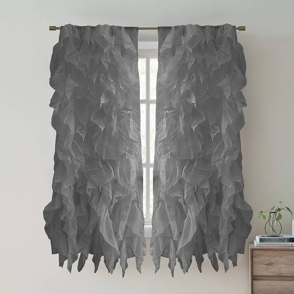 New Sweet Home 2-Pack Sheer Cascading Ruffled Window Curtains 63”x50” Gray - Picture 1 of 1